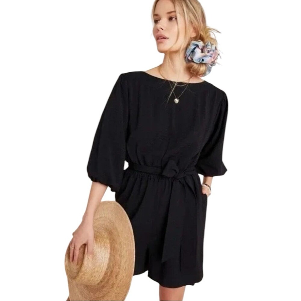 Anthropologie Francesca Balloon Sleeve Romper Elastic Waist Womens Small Black